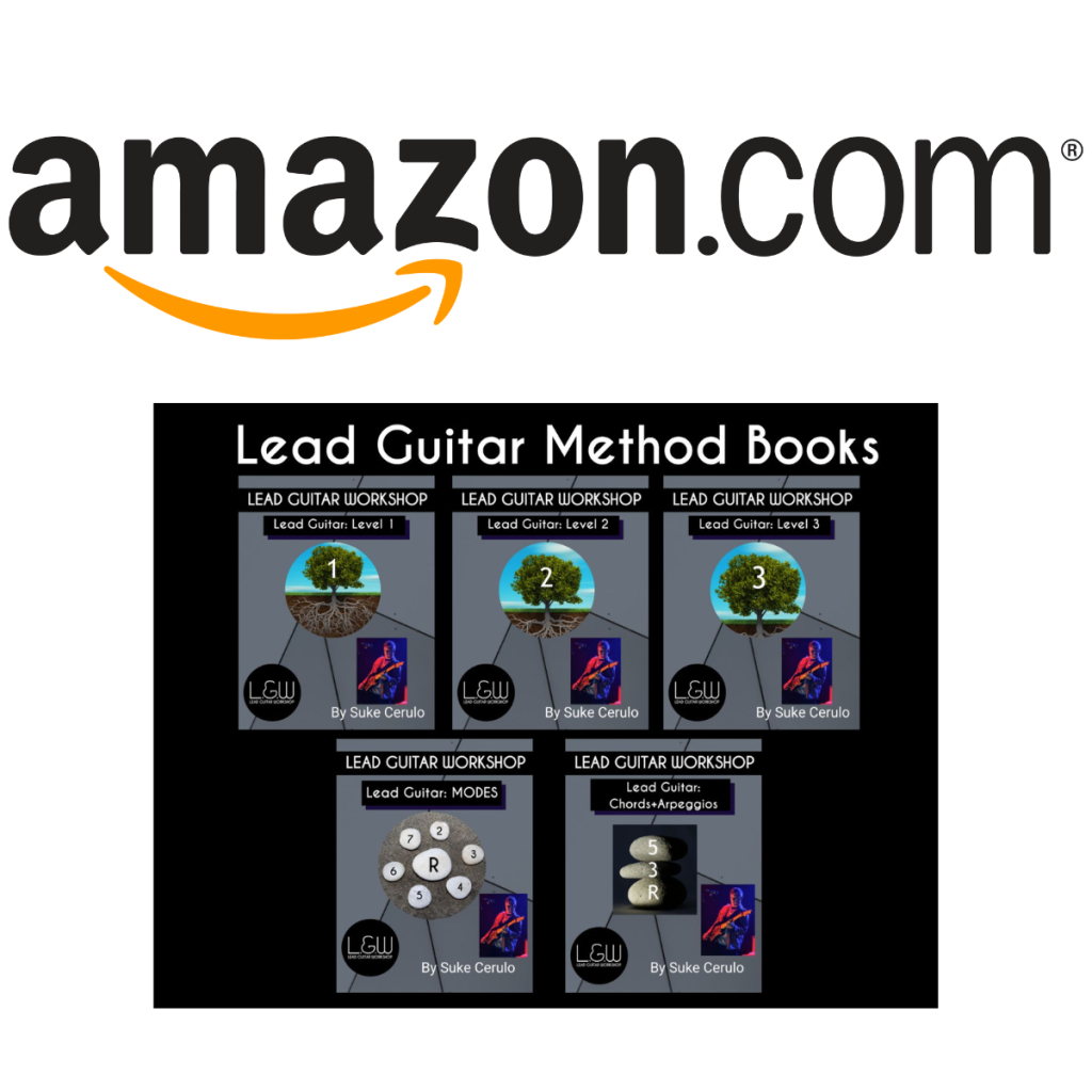 Amazon.com logo above a black collage titled Lead Guitar Method Books, showing six workshop book covers by Suke Cerulo (Levels 1–3 and related topics).