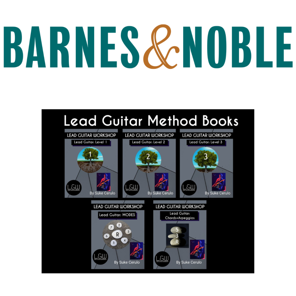 Barnes & Noble logo above a black collage of five Lead Guitar Workshop book covers (Levels 1–3, Modes, Chords/Arpeggios) by Suke Cerulo.