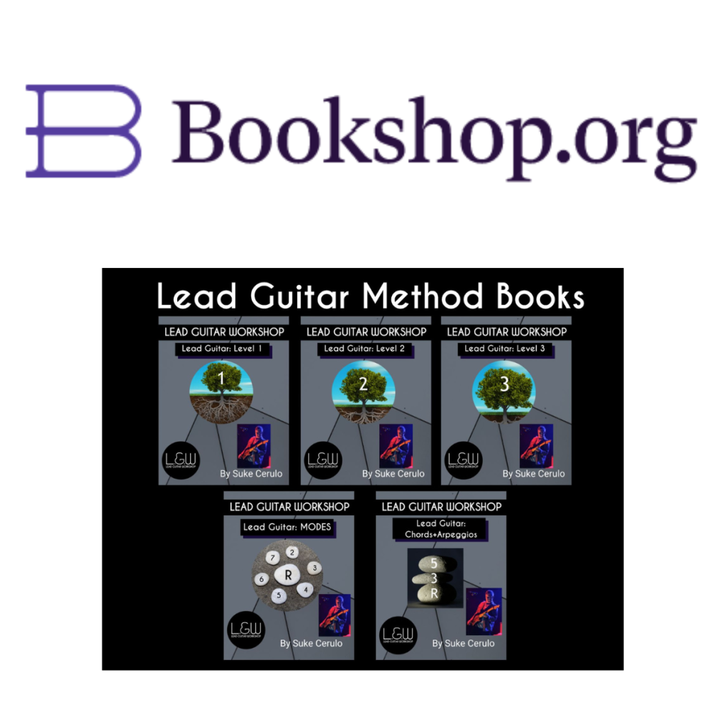 Bookshop.org logo above a collage of six 'Lead Guitar Method' book covers by Suke Cerulo on a black background, promoting guitar instruction.
